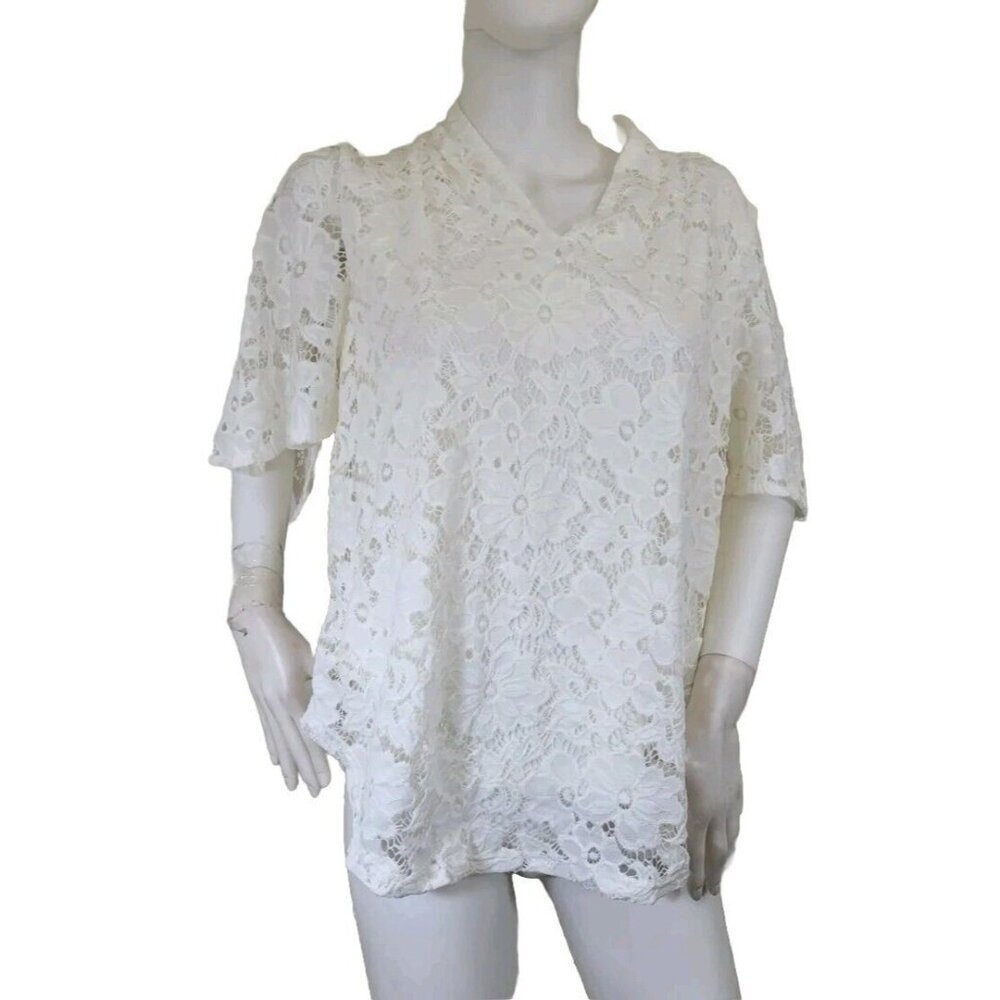 Investments Women's Top Blouse Size M P cream Nylon Blend Lace V-Neck (33)